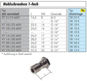 Hohlschrauben zylindrisches Gewinde 1-fach für CK-Verschraubungen Messing vernickelt, alle Größen